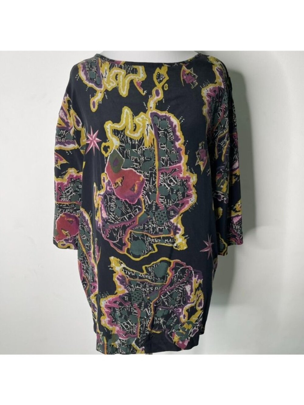 Vintage Sue Wong Map Print Tunic Dress Top M Oversized 90s Great Condition